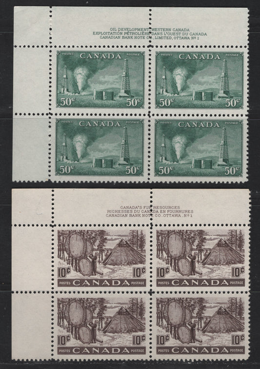 Canada #294, 301 50c & 10c Dull Green - Black Brown Oil Wells - Drying Skins, 1950 Oil & Fur Resources Issues, 2 VFNH UL Plates 1 & 2 Blocks Of 4, Perf 12
