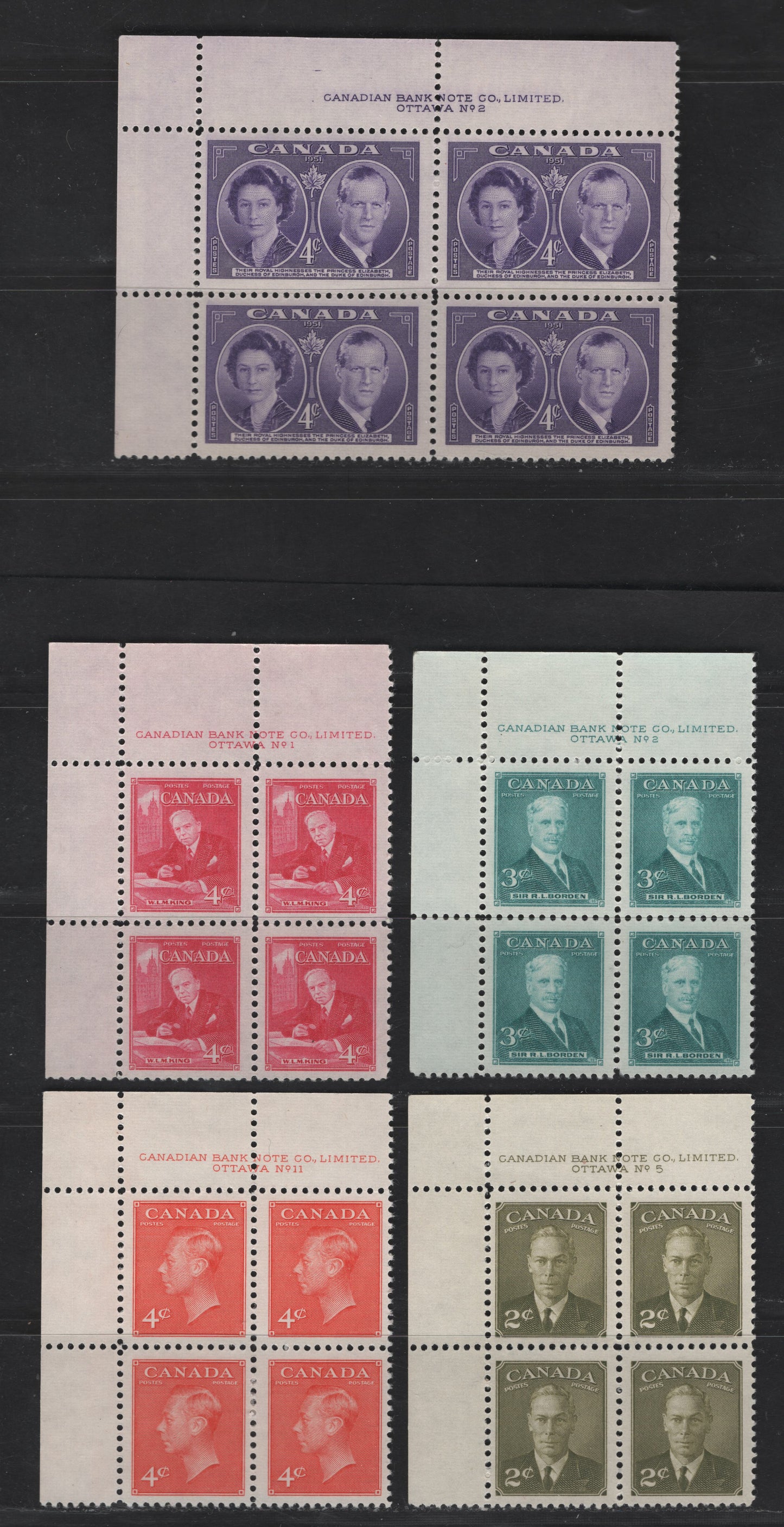 Lot 295 Canada #303-306, 315 3c - 4c Turquoise Green - Violet Sir Robert Borden - Duchess & Duke Of Edinburgh, 1951 Prime Ministers - Royal Visit Issues, 5 VFNH UL Plates 2, 1, 5 & 11 Blocks Of 4, Perf 12