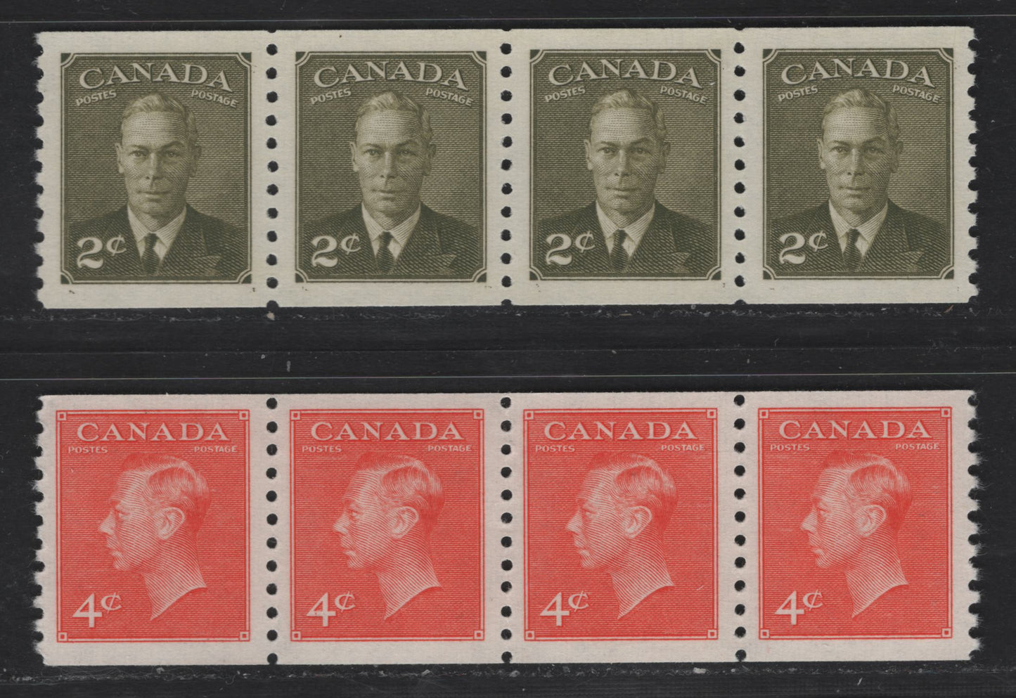 Lot 296 Canada #309ii-310 2c - 4c Olive Green - Orange Vermillion King George VI, 1951 Postes-Postage Coil Issue, 2 VFNH Coil Strips & Jump Strips Of 4, Perf 9.5 Vertical