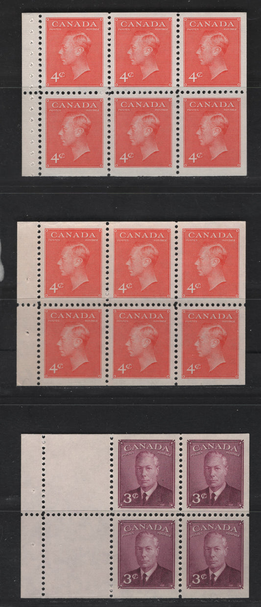 Lot 297 Canada #286b, 306b, 306bi 3c - 4c Rose Violet - Orange Vermillion King George VI, 1949-1951 Postes-Postage & New Color Postes-Postage Issues, 3 VFNH UL Booklet Panes Of 4 & 6, 306bi Booklet Pane Stitched
