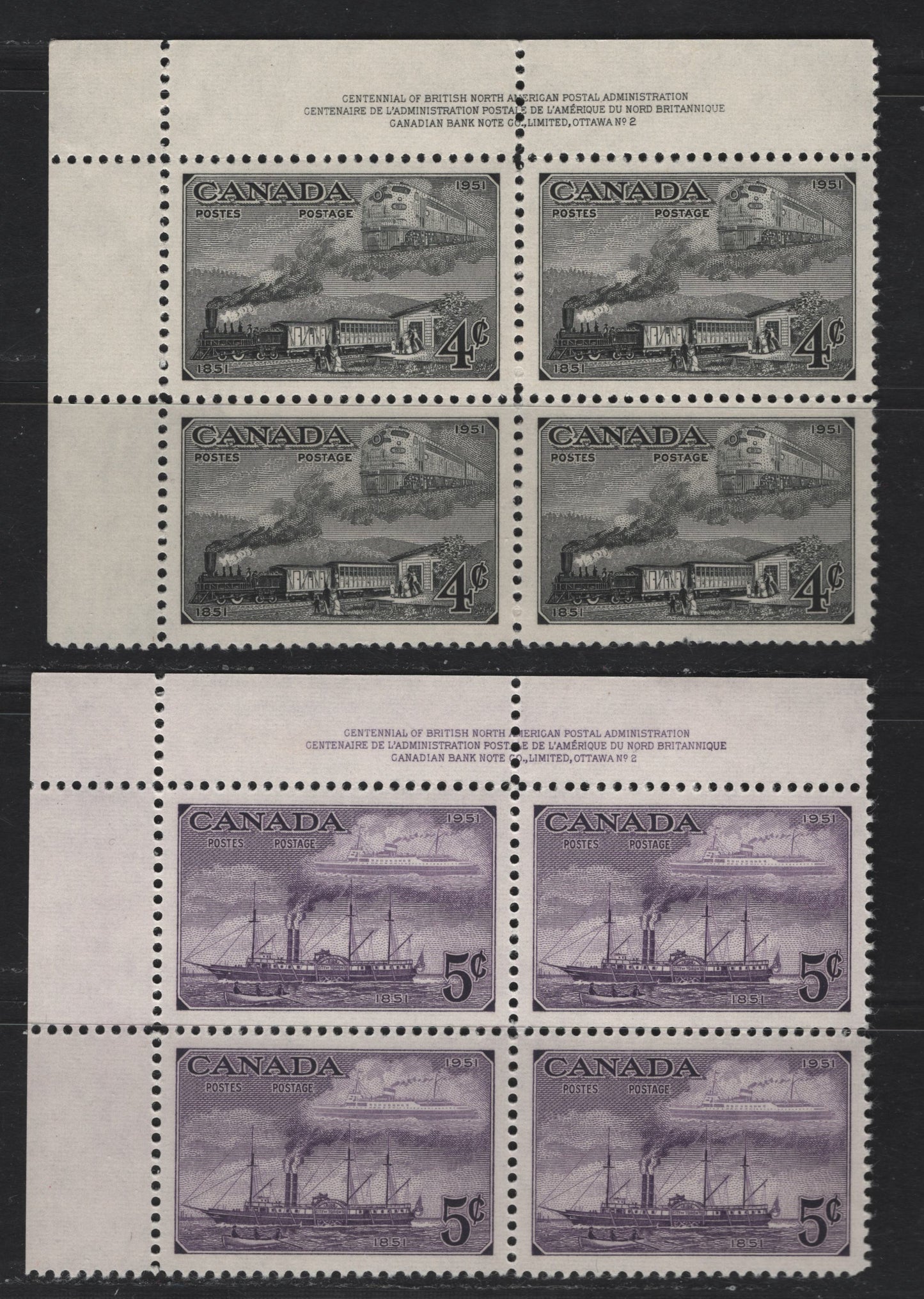 Lot 299 Canada #311-312 4c - 5c Dark Gray - Purple Trains - Steamships, 1951 Stamp Centenary Issue, 2 VFNH UL Plate 2 Blocks Of 4, Light Crease On 4c Block, Perf 12