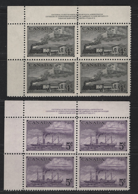 Lot 299 Canada #311-312 4c - 5c Dark Gray - Purple Trains - Steamships, 1951 Stamp Centenary Issue, 2 VFNH UL Plate 2 Blocks Of 4, Light Crease On 4c Block, Perf 12