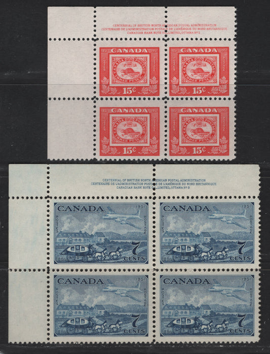 Lot 300 Canada #313-314 7c - 15c Deep Blue - Bright Red Stagecoach & Plane - Three Penny Beaver, 1951 Stamp Centenary Issue, 2 VFNH UL Plates 1 & 2 Blocks Of 4, Perf 12