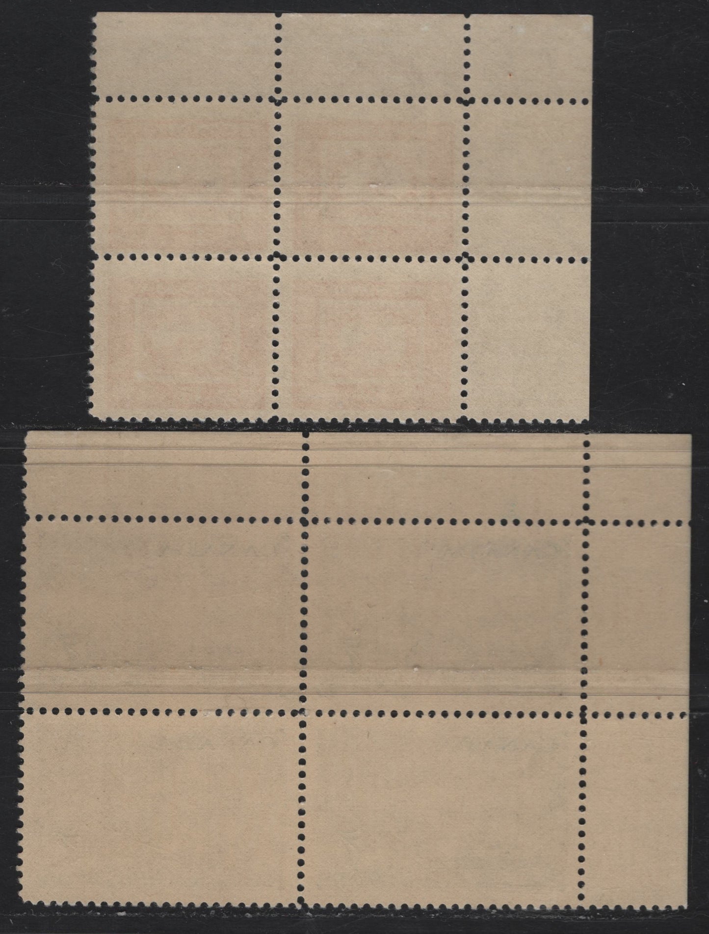 Lot 300 Canada #313-314 7c - 15c Deep Blue - Bright Red Stagecoach & Plane - Three Penny Beaver, 1951 Stamp Centenary Issue, 2 VFNH UL Plates 1 & 2 Blocks Of 4, Perf 12