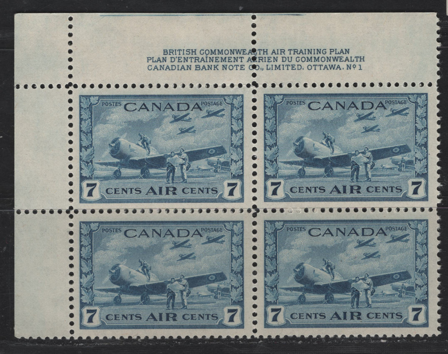 Lot 301 Canada #C8 7c Deep Blue British Commonwealth Air Training, 1942-1943 Airmail Issue, A VFNH UL Plate 1 Block Of 4, Perf 12