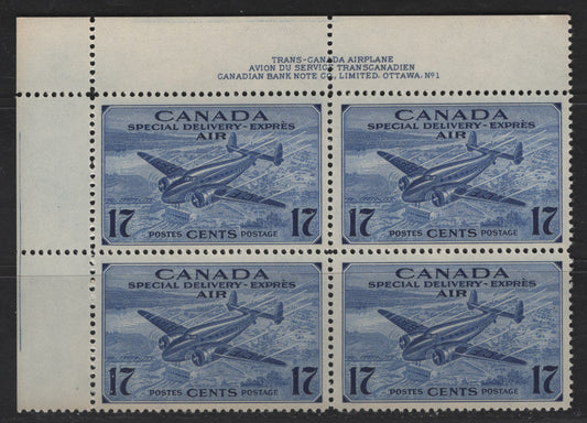 Lot 303 Canada #CE2 17c Bright Ultramarine Trans-Canada Airplane, 1942-2943 Airmail Special Delivery Issue, A VFNH UL Plate 1 Block Of 4, Perf 12