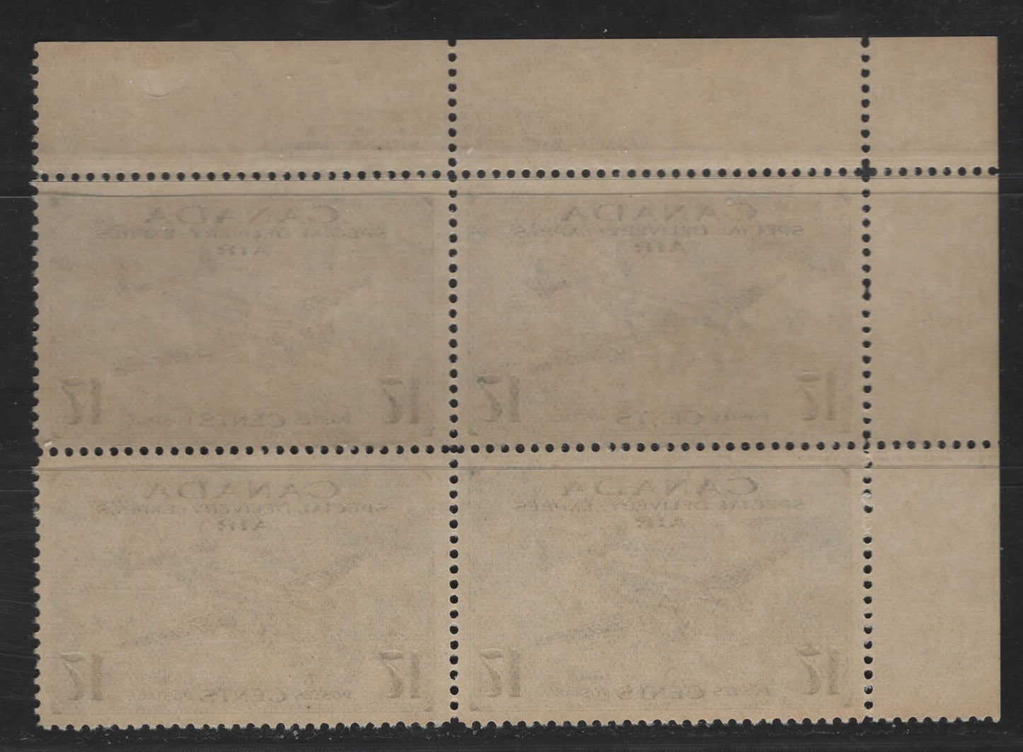 Lot 303 Canada #CE2 17c Bright Ultramarine Trans-Canada Airplane, 1942-2943 Airmail Special Delivery Issue, A VFNH UL Plate 1 Block Of 4, Perf 12