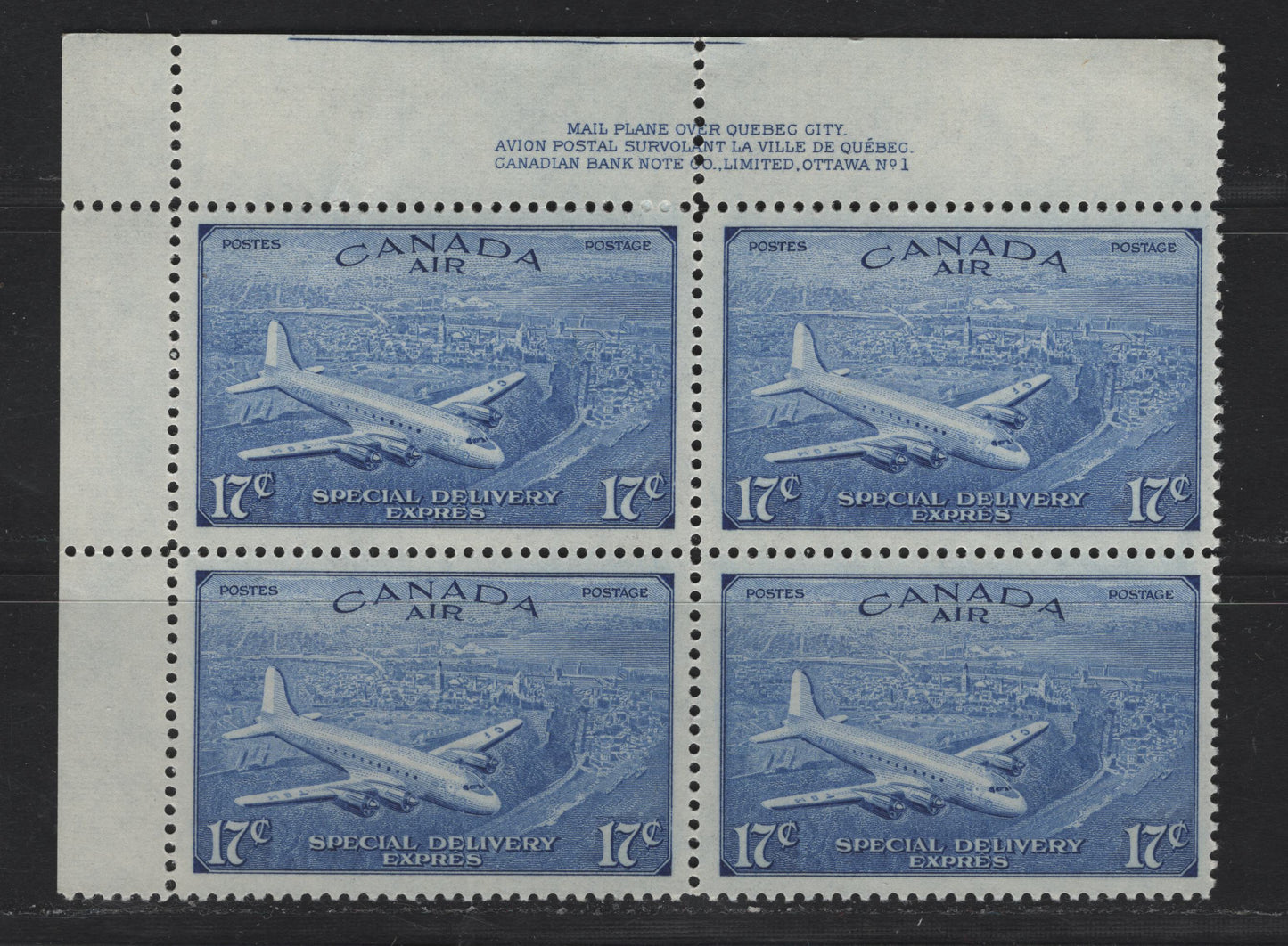 Lot 304 Canada #CE3 17c Bright Ultramarine D.C. 4-M Airplane, 1946 Airmail Special Delivery Issue, A VFNH UL Plate 1 Block Of 4, Perf 12