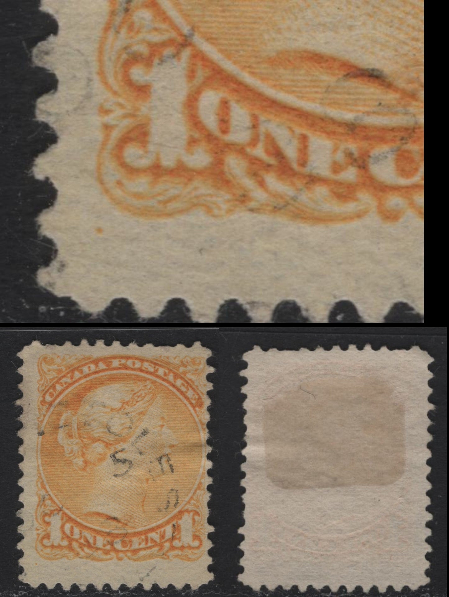 Lot 305 Canada #35i 1c Yellow Queen Victoria, 1870-1893 Small Queen Issue, A Fine Used Single, Late Use of Mid Montreal Printing, Paper Type LM-E (See Body), Perf 12x12.1, Interesting Note About Plate Dots
