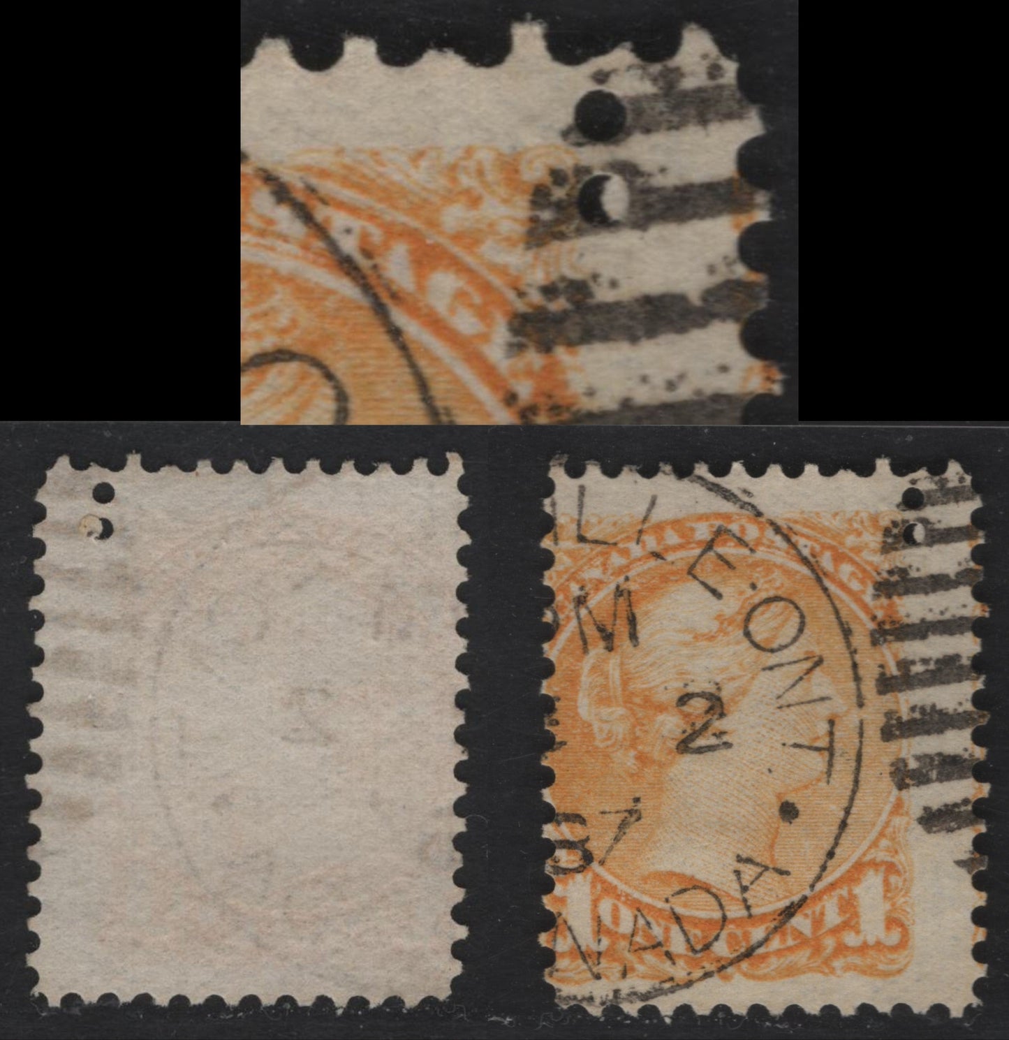 Lot 306 Canada #35ivar 1c Yellow Queen Victoria, 1870-1893 Small Queen Issue, A Fine Used Single, Late Montreal Printing, Paper Type LM-E (See Body), No Position Dot, 1887 Belleville Duplex Cancel, Partial Double Perforation At Upper Right