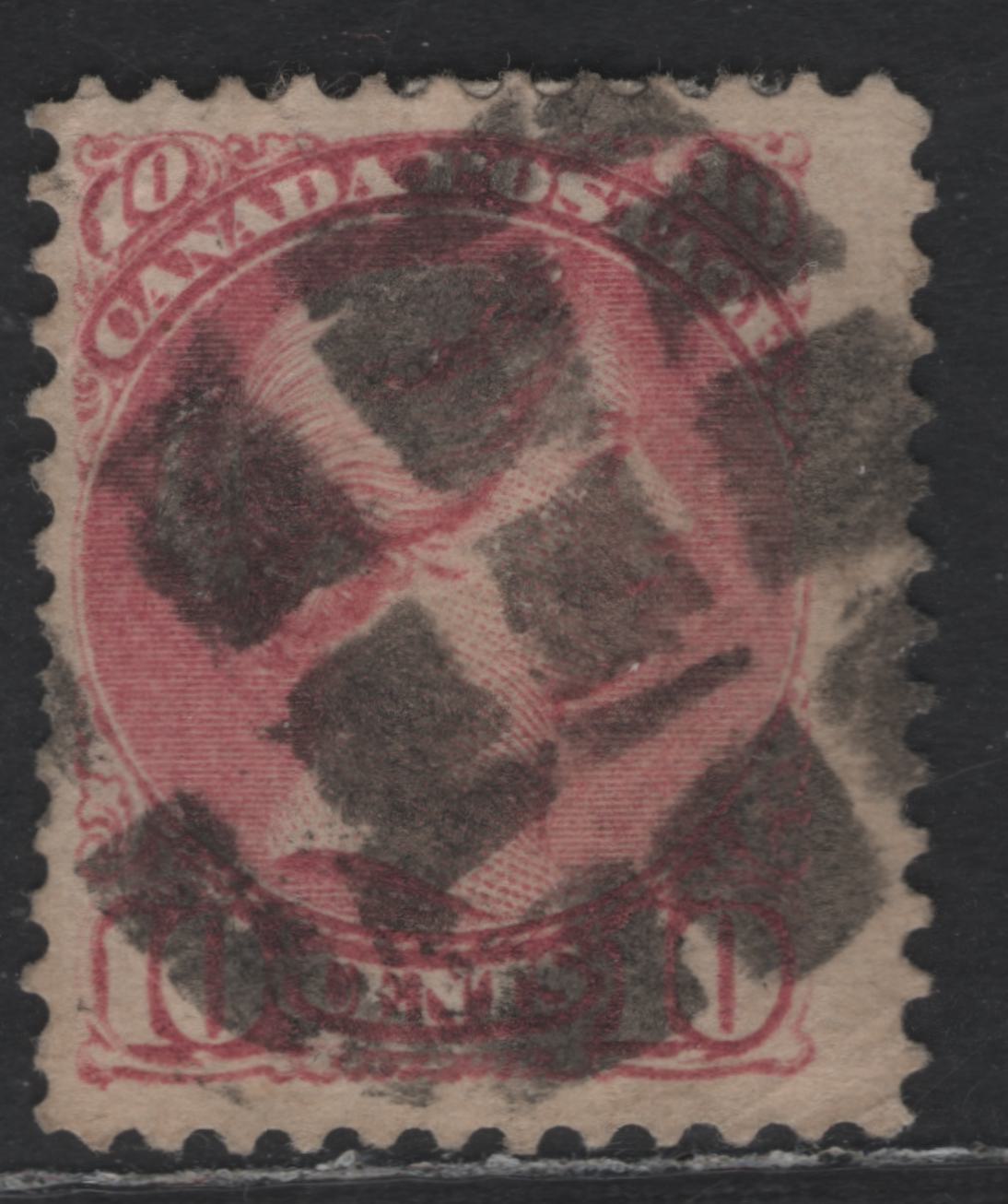 Lot 307 Canada #40a 10c Magenta Queen Victoria, 1870-1893 Small Queen Issue, A Very Good Used Single, Late Montreal Printing, Paper Type LM-A, Perf 12.1, Cork Cancel, Lateral Shear Tear Affecting UL Corner
