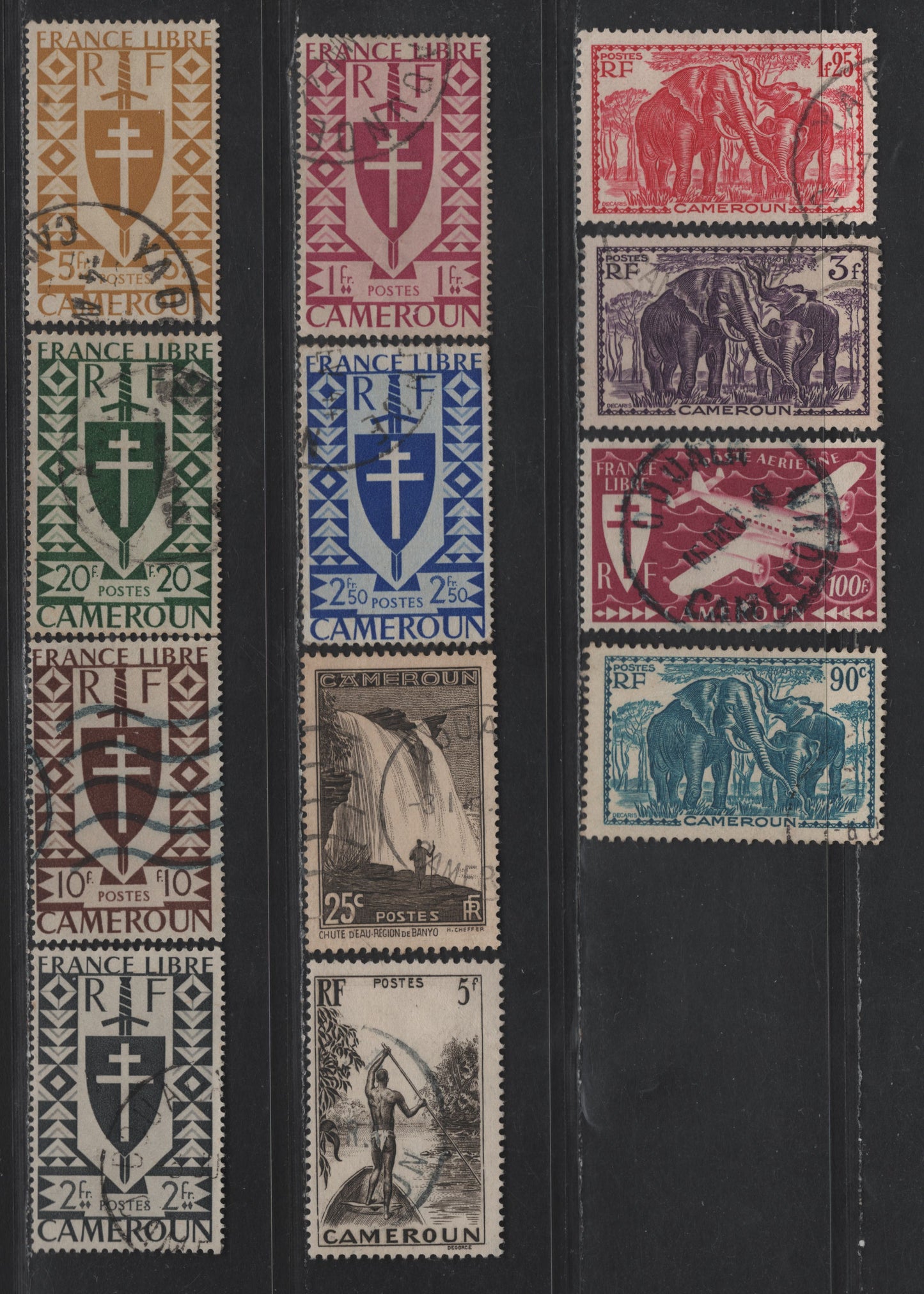 Lot 31 Cameroun SC#232, 240, 243, 251-252, 288, 290-291. 293-295, C7 25c - 100fr Black Brown - Plum 1939-1942, 1939-1942 Pictorial Definitives - Airmail Issues, 12 Fine/Very Fine Used Singles
