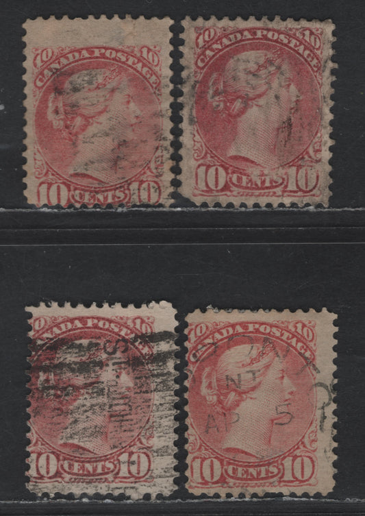 Lot 312 Canada  #45a 10c Dark Rose Queen Victoria, 1870-1897 Small Queen Issue, 4 Ungraded Used Singles Reference Lot Of Late Second Ottawa Printings, Mostly Faulty, Useful For Shade Examples