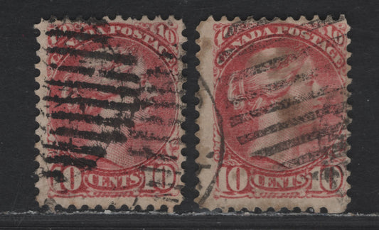 Lot 313 Canada  #45a 10c Deep Rose Queen Victoria, 1870-1897 Small Queen Issue, 2 Good & VG Used Singles Early Second Ottawa Printings On Stout, Non-Porous Hard Vertical Wove (LM-D), Perf. 12, One With A Translucent Stain That Might Come Out With A Soak