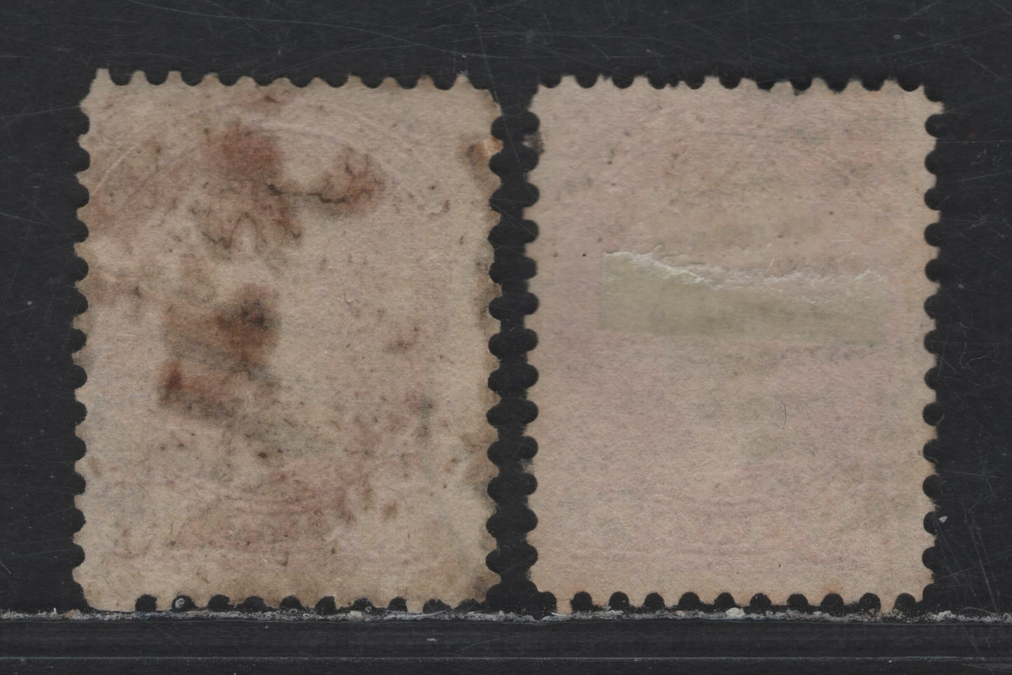 Lot 313 Canada  #45a 10c Deep Rose Queen Victoria, 1870-1897 Small Queen Issue, 2 Good & VG Used Singles Early Second Ottawa Printings On Stout, Non-Porous Hard Vertical Wove (LM-D), Perf. 12, One With A Translucent Stain That Might Come Out With A Soak