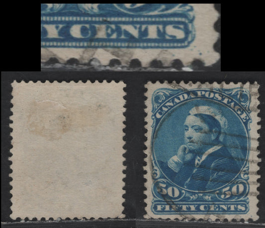 Lot 318 Canada  #47 50c Blue Queen Victoria, 1870-1897 Small Queen Issue, A Fine Used Single Late Second Ottawa Printing On Soft, Porous Horiziontal Wove With Fine Mesh & Smooth Finish (2O-I), Perf. 12, Guide Dots & Lower Right Corner