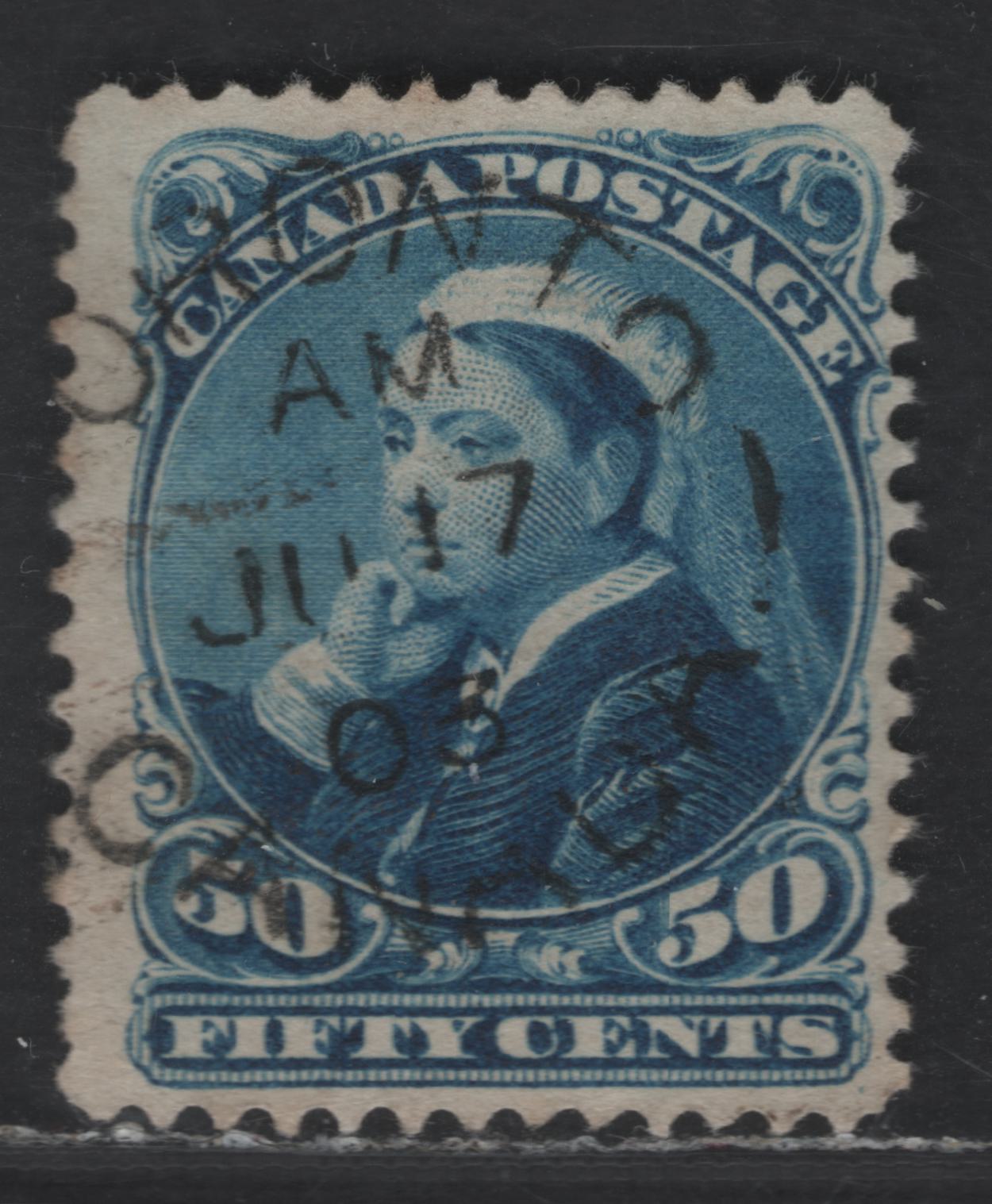 Lot 320 Canada  #47 50c Blue Queen Victoria, 1870-1897 Small Queen Issue, A Fine Used Single Late Second Ottawa Printing On Soft, Porous Horiziontal Wove With Fine Mesh & Smooth Finish (2O-I), Perf. 12, June 17, 1903 Toronto Split Ring Cancel