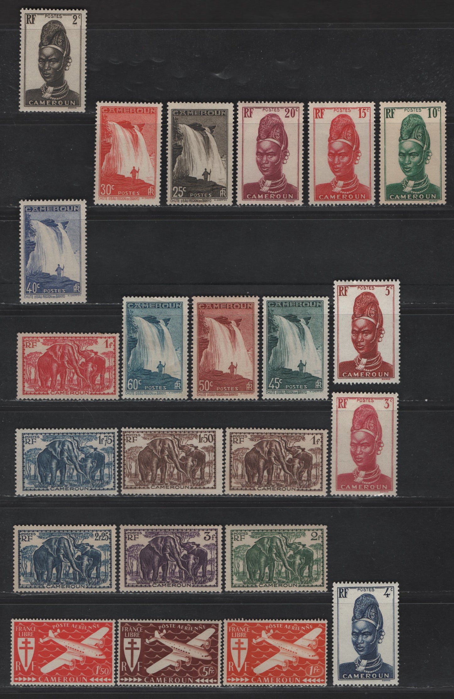 Lot 32 Cameroun SC#225-234, 236-237, 241-242, 245, 247-249, 251, C1-C3 2c - 5fr Black Brown - Red Brown Mandara Woman - Airplane & Crest, 1939-1942 Pictorial Definitives & Airmail Issues, 22 F/VFOG Singles