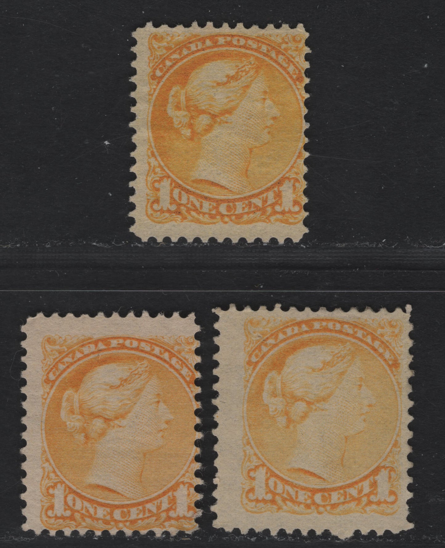 Lot 322 Canada  #35 1c Bright Yellow, Pale Bright Yellow & Yellow, 3 VG & Fine Unused Singles Mid Second Ottawa Printings on Greyish Newsprint (2O-C), From Somewhat Worn Plates, So Probably Pre-1893, Perf. 12 x 12.1, 12 & 11.9 x 12