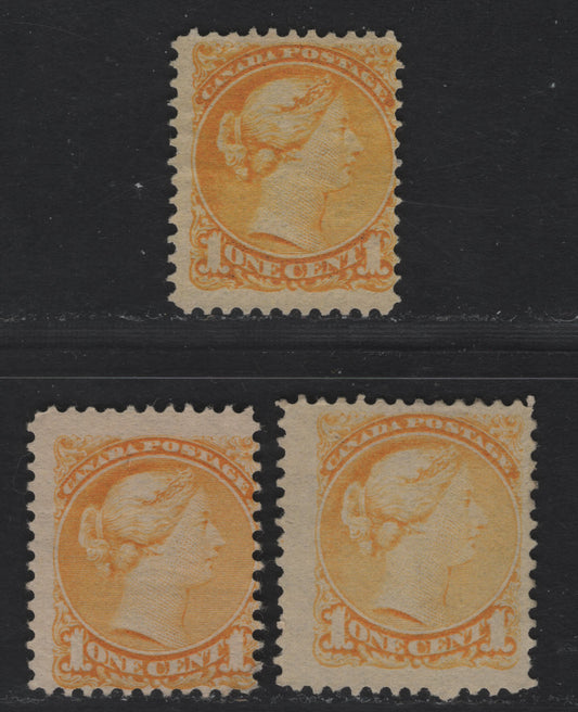 Lot 322 Canada  #35 1c Bright Yellow, Pale Bright Yellow & Yellow, 3 VG & Fine Unused Singles Mid Second Ottawa Printings on Greyish Newsprint (2O-C), From Somewhat Worn Plates, So Probably Pre-1893, Perf. 12 x 12.1, 12 & 11.9 x 12