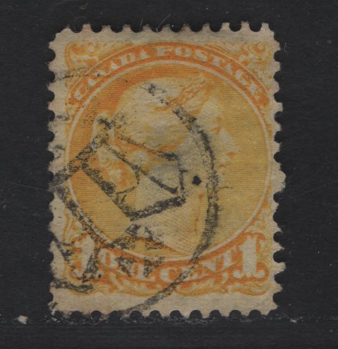 Lot 325 Canada  #35 1c Yellow Queen Victoria, 1870-1897 Small Queen Issue, A Fine Used Single Mid Second Ottawa Printing On Yellowish Newsprint (2O-B), With Scarce Ottawa Crown Cancel, VF Centered, But Hinge Thin On Back