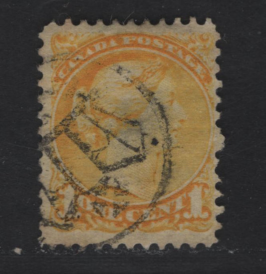Lot 325 Canada  #35 1c Yellow Queen Victoria, 1870-1897 Small Queen Issue, A Fine Used Single Mid Second Ottawa Printing On Yellowish Newsprint (2O-B), With Scarce Ottawa Crown Cancel, VF Centered, But Hinge Thin On Back