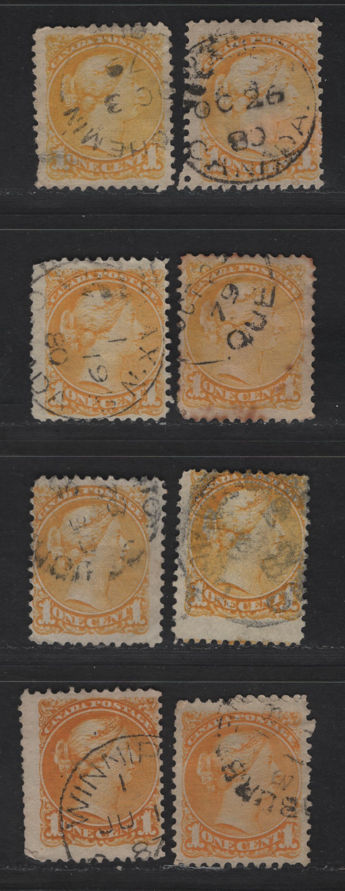 Lot 327 Canada  #35i, 35a 1c Yellow, Deep Yellow, Pale Dull Yellow, Lemon Yellow & Orange 8 Ungraded Used Singles Reference Lot Of Mid-Montreal Printings With Plate Position Dots At Lower Left, Dates Between 1879-1887, Different Papers, See Description