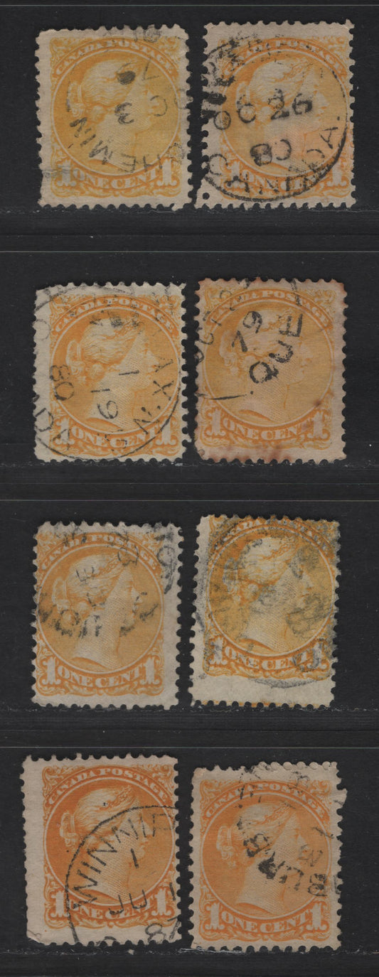 Lot 327 Canada  #35i, 35a 1c Yellow, Deep Yellow, Pale Dull Yellow, Lemon Yellow & Orange 8 Ungraded Used Singles Reference Lot Of Mid-Montreal Printings With Plate Position Dots At Lower Left, Dates Between 1879-1887, Different Papers, See Description