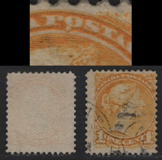 Lot 328 Canada  #35i 1c Greenish Yellow, 1870-1897 Small Queen Issue, A Fine Used Single Late Montreal Printing, Stout Horizontal Non-Porous Wove With Coarse Horizontal Mesh (LM-A), Perf. 12.1 x 12.2, Large Printing Flaw Below "O" Of "Postage"
