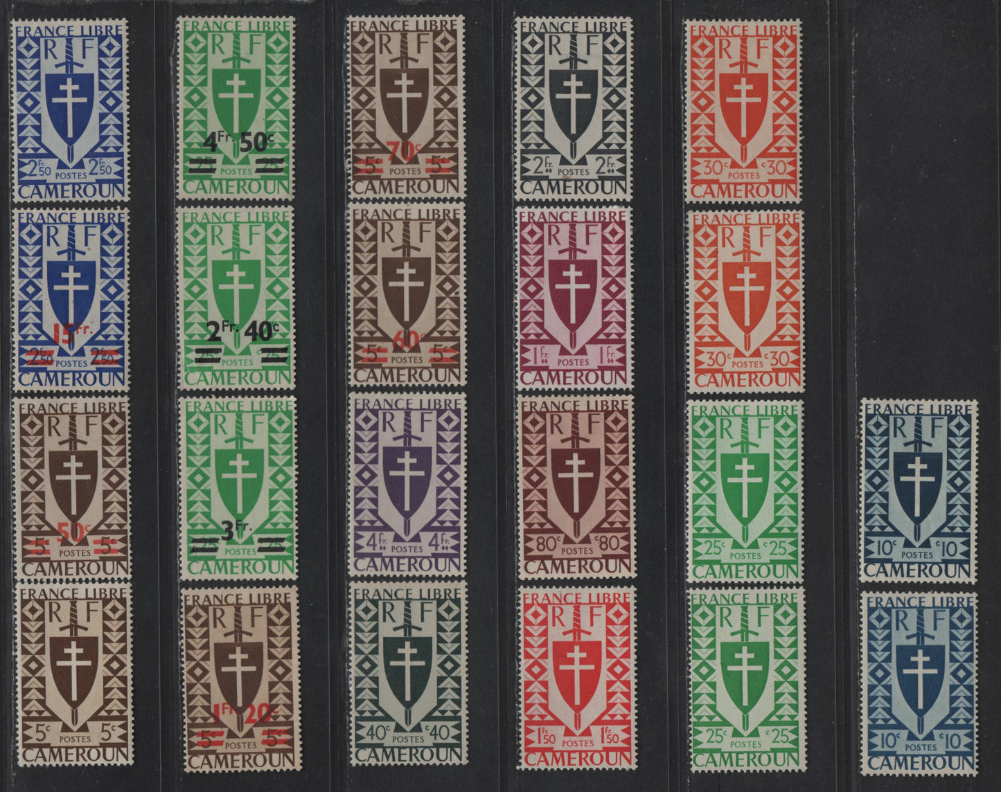 Lot 33 Cameroun SC#282/295, 298/302A 5c - 15fr Brown - Ultramarine Lorraine Cross & Joan Of Arc, 1942-1946 Loriane Cross & Joan of Arc Definitive Issues, 22 F/VFOG Singles, Includes Extra Shades Of 1c, 25c & 50c