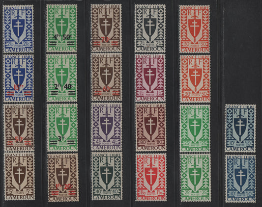 Lot 33 Cameroun SC#282/295, 298/302A 5c - 15fr Brown - Ultramarine Lorraine Cross & Joan Of Arc, 1942-1946 Loriane Cross & Joan of Arc Definitive Issues, 22 F/VFOG Singles, Includes Extra Shades Of 1c, 25c & 50c