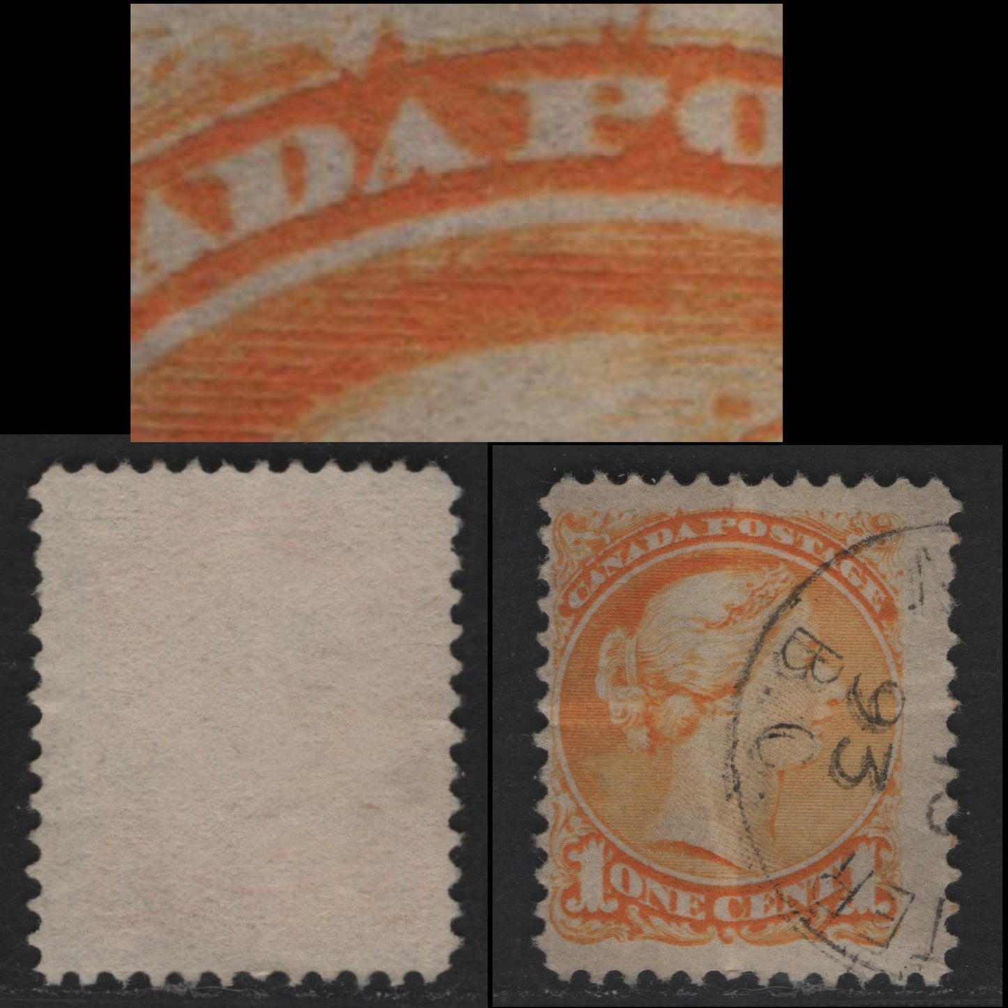 Lot 330 Canada  #35ii 1c Orange Queen Victoria, 1870-1897 Small Queen Issue, A Fine Used Single Early Second Ottawa Printing, Thin, Soft, Porous White Newsprint With Horizontal Mesh (2O-A), Perf. 12, Spur Above Last "A" Of "Canada"