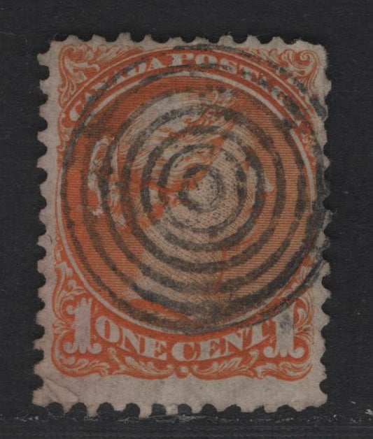 Lot 332 Canada  #35iv 1c Red Orange Queen Victoria, 1870-1897 Small Queen Issue, A Fine Used Single First Ottawa Printing, Thin Vertical Wove With Fine Mesh (FO-H), Perf. 12 x 11.9, Centrally Stuck 7-Ring Target Cancel