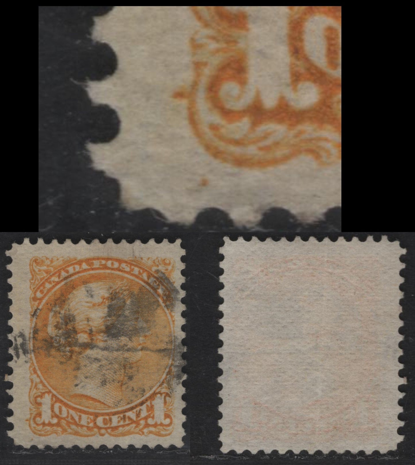 Lot 333 Canada  #35i 1c Yellow Queen Victoria, 1870-1897 Small Queen Issue, A VG Used Single Late Montreal Printing, Showing Burr On Scroll At Lower Left, The Only "Burr" I have Found On This Value, Stout Horizontal Non-Porous Wove With Coarse Mesh (LM-A)