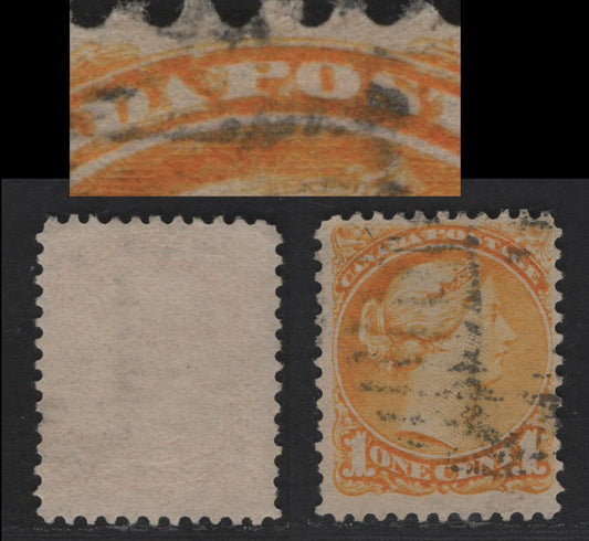 Lot 334 Canada  #35var 1c Yellow Queen Victoria, 1870-1897 Small Queen Issue, A Fine Used Single Mid To Late Second Ottawa Printing, Medium Porous Horizontal Mesh Paper, Large White Flaw Between "PO" Of Postage, Perf. 12