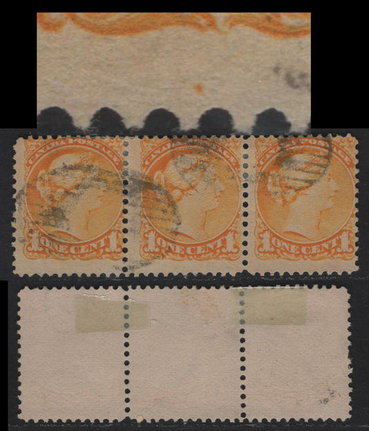 Lot 335 Canada  #35 1c Bright Orange Yellow, A VG Used Strip of 3 Mid Second Ottawa Printing, Showing Plate Dot In Lower Margin Of Left Stamp Below "T" Of Cent, Odd, As These Dots Are Not Supposed To Be On The Second Ottawa Plates
