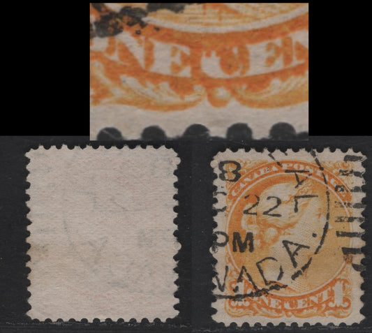 Lot 336 Canada  #35var 1c Bright Yellow Queen Victoria, 1870-1897 Small Queen Issue, A VF Used Single Early Second Ottawa Printing, Medium Porous Horizontal Mesh Paper (2O-E), Showing Multiple Dots In "C" Of "Cent", Perf. 12 x 12.1, Lovely Centering