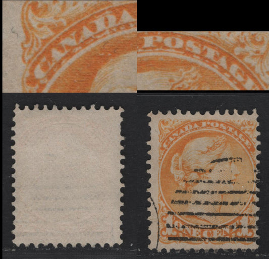 Lot 339 Canada  #35ivar 1c Yellow Queen Victoria, 1870-1897 Small Queen Issue, A VG Used Single Mid Montreal Printing On Hard Medium White Wove With Fine Vertical Mesh (MM-F), Perf. 12 x 12.1, Extensive Dry Inking Flaw Under "CANADA POSTAGE"