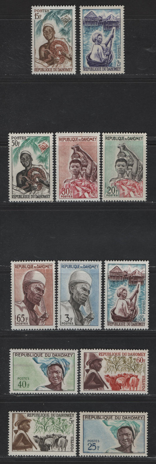 Lot 34 Dahomey SC#160-171 2fr - 85fr Greenish Blue & Violet - Bright Blue & Chocolate Ganvie Woman In Canoe, 1963 Pictorial Issue, 12 VFNH Singles