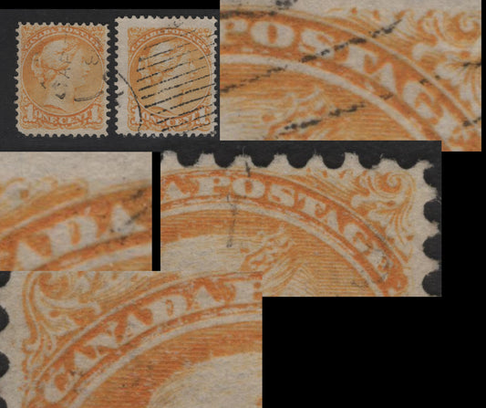 Lot 341 Canada #35i 1c Dull Yellow Queen Victoria, 1870-1893 Small Queen Issue, 2 Fine Used Singles, Late Montreal Printings, Paper Type LM-A, Both Showing Dry Inking Under D, Ostag & Canada Ostag, Perfs 12.1x12.2 & 12.1x12.25