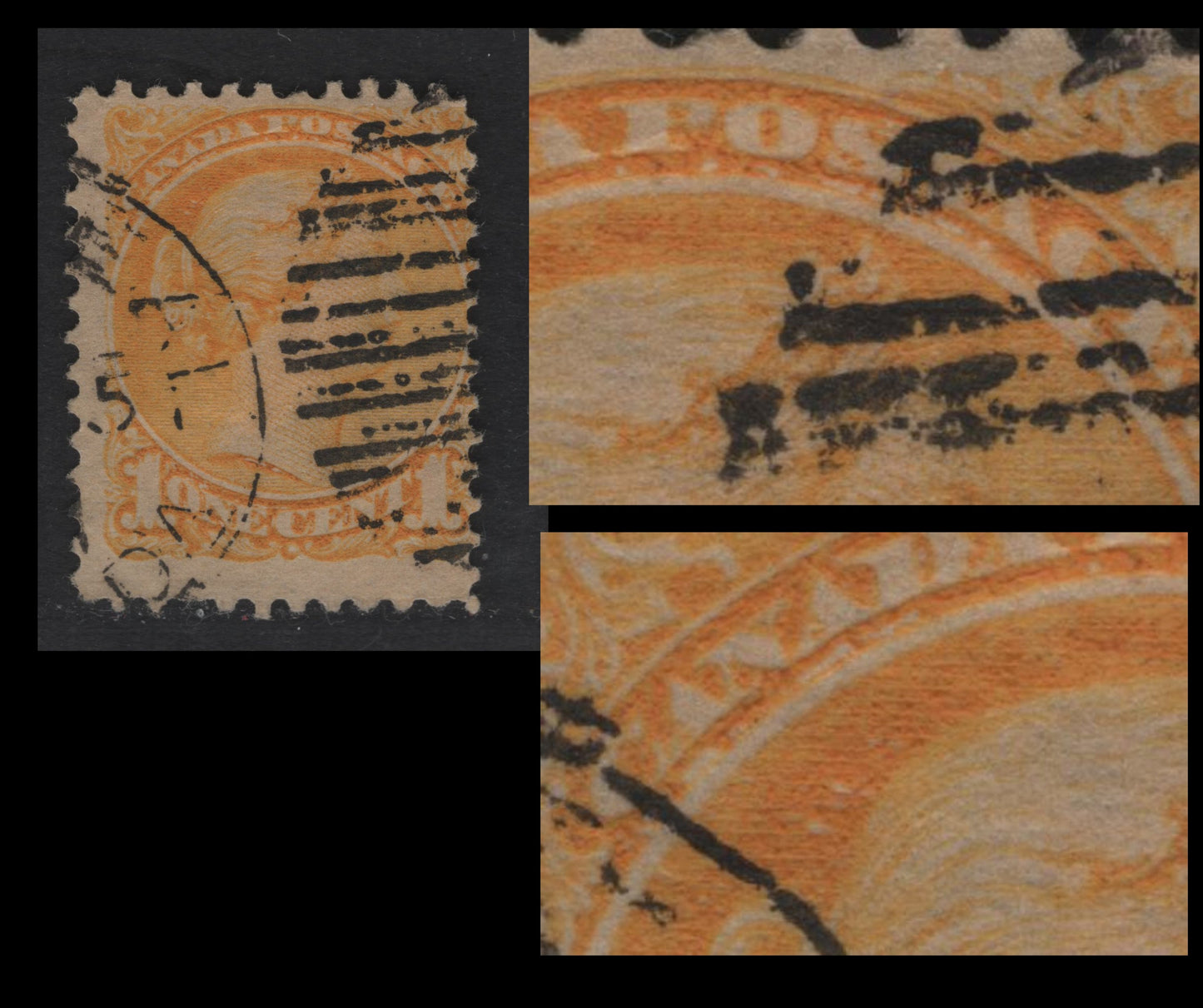 Lot 342 Canada #35i 1c Bright Yellow Queen Victoria, 1870-1893 Small Queen Issue, A Very Good Used Single, Late Montreal Printings, Paper Type LM-C, Perf 12.1x12.25, Dry Inking Under 'Canada Postage'