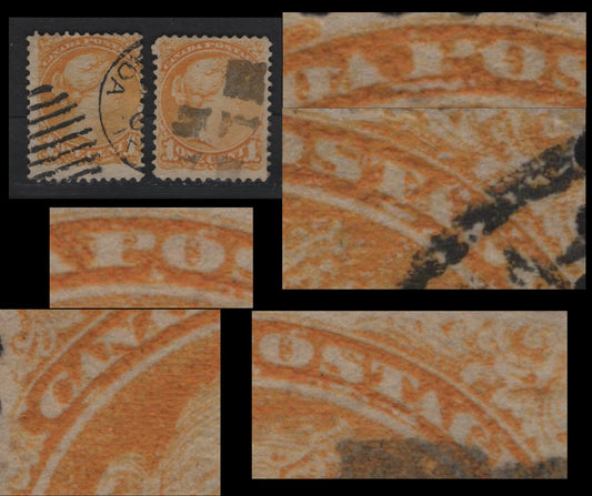 Lot 343 Canada #35var 1c Dull Yellow Queen Victoria, 1870-1893 Small Queen Issue, 2 Fine Used Singles, Early Second Ottawa Printings, Paper Type 2O-E, Showing Dry Inking Under 'NA', 'P', 'TA', 'CA', 'PO' & 'STA'