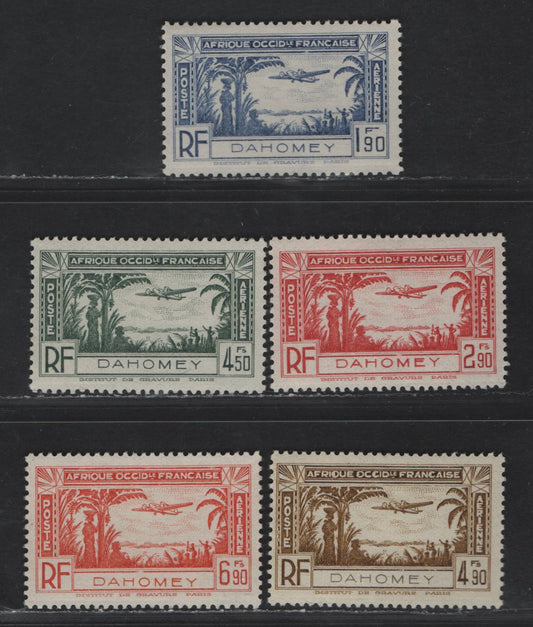 Lot 35 Dahomey SC#C1-C5 1.90fr - 6.90fr Ultramarine - Deep Orange Airplane, 1940 Airmail Issue, 5 VFNOG Singles