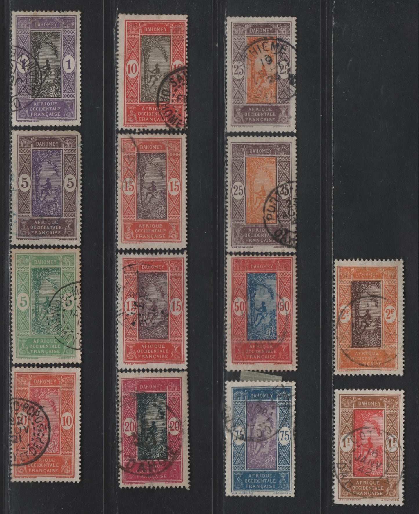 Lot 36 Dahomey SC#42, 45-47, 49-50, 53, 55, 66, 70, 77, 84 1c - 2fr Violet & Black - Yellow Orange & Chocolate Man Climbing Oil Palm, 1913-1939 Pictorial Issue, 14 Very Fine Used Singles