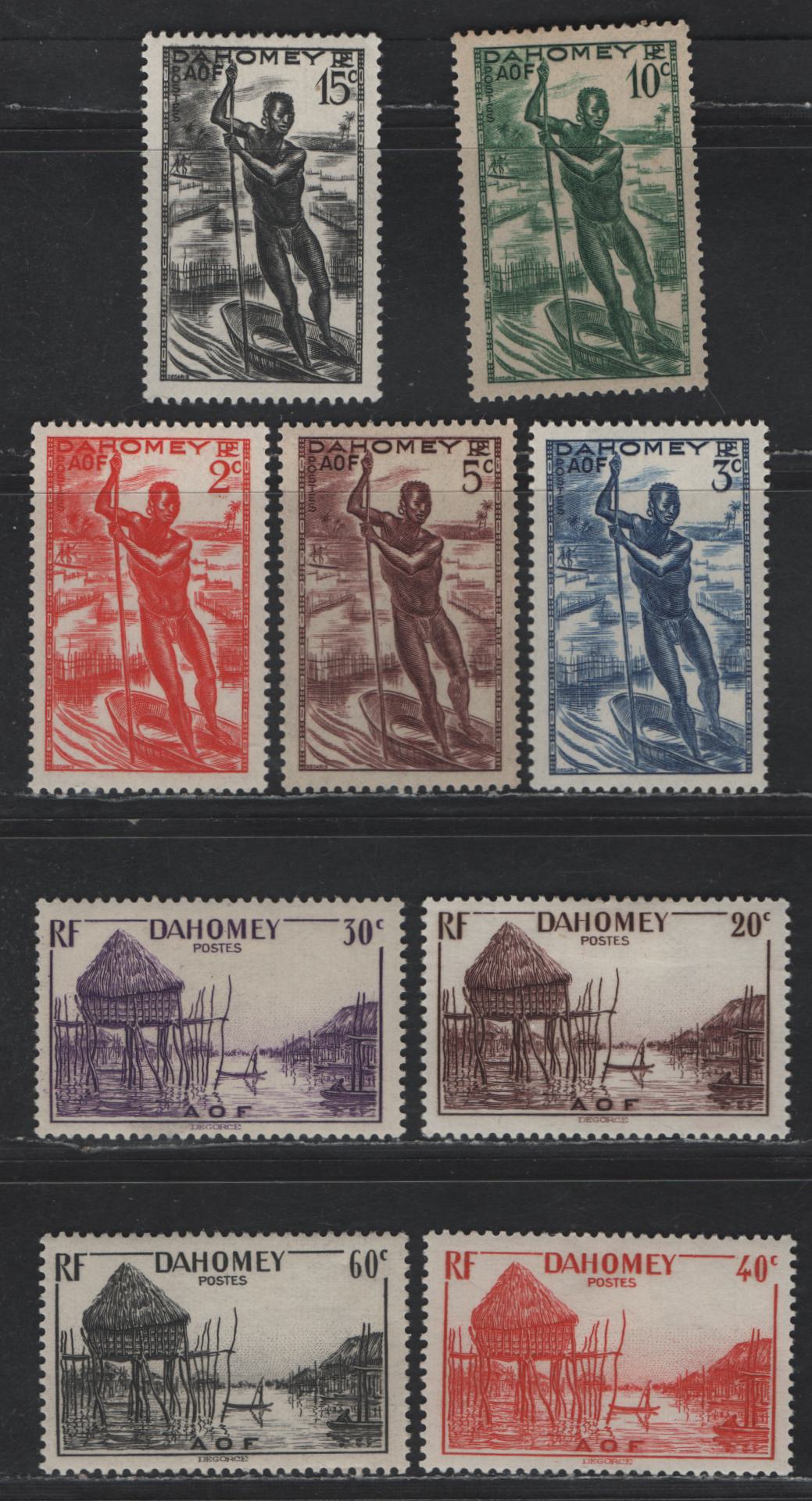 Lot 40 Dahomey SC#113-120, 122 2c - 60c Scarlet - Black Man Poling a Canoe - Pile House, 1941 Pictorial Issue, 9 VFOG Singles