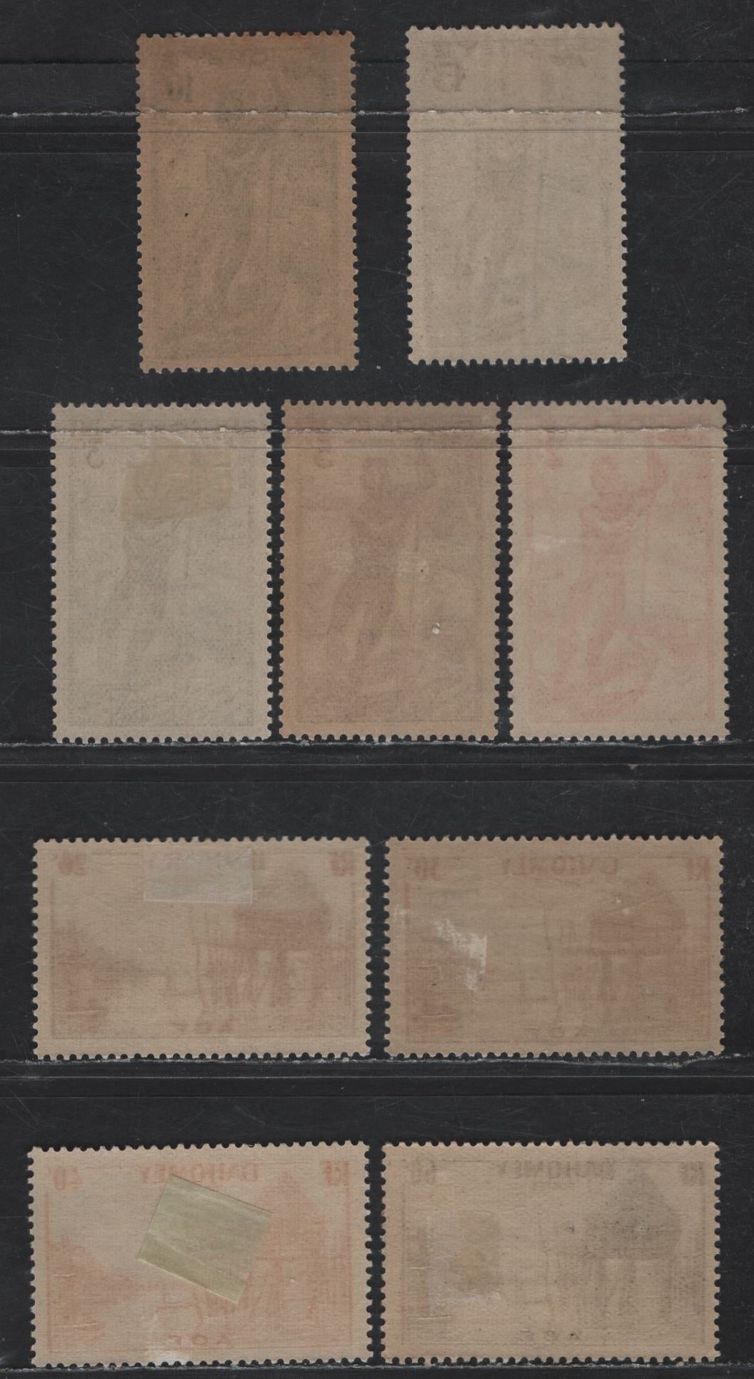 Lot 40 Dahomey SC#113-120, 122 2c - 60c Scarlet - Black Man Poling a Canoe - Pile House, 1941 Pictorial Issue, 9 VFOG Singles