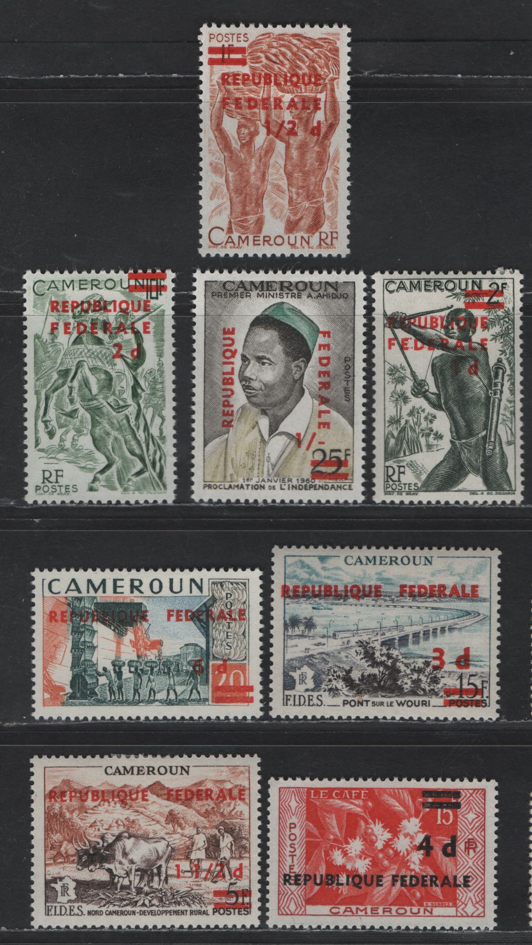 Lot 43 Cameroun SC#343-350 1/2d on 1fr - 1/- on 25fr Orange Red - Black, Green & Pale Lemon Porters Carrying Bananas - Prime Minister Ahmadou Ahidjo, 1961 Independence Overprinted Issue, 8 F/VFOG Singles