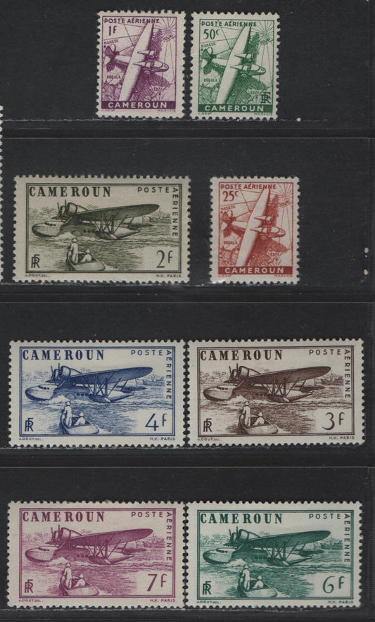 Lot 44 Cameroun SC#C15-C22 25c - 7fr Brown Red - Bright Violet Plane & Firefighters, 1946 Airmail Issue, 8 F/VFOG Singles