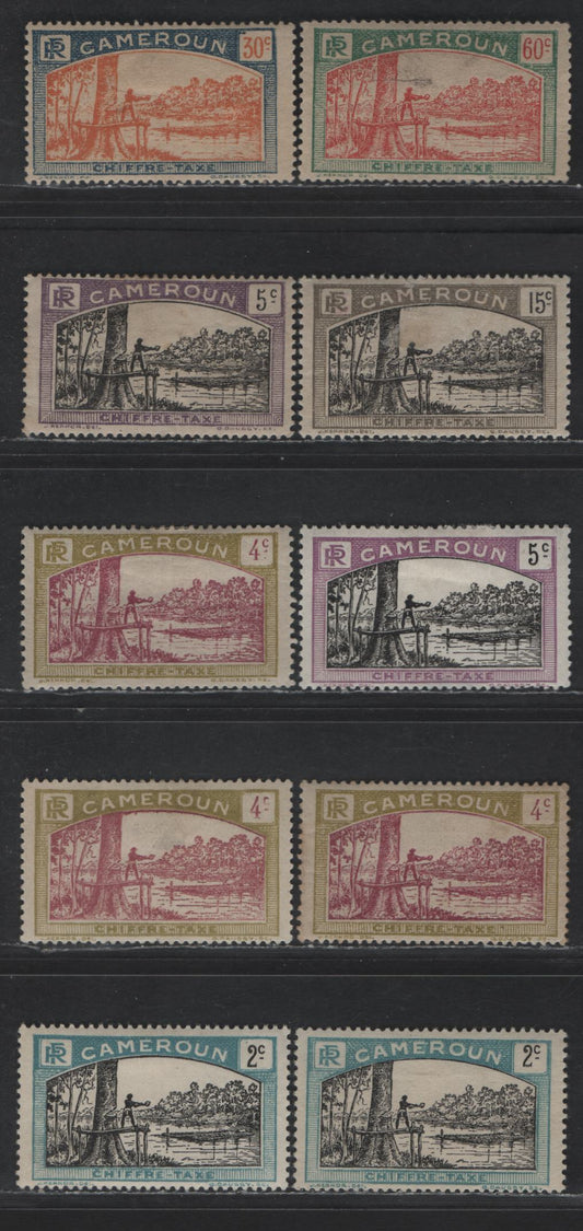 Lot 45 Cameroun SC#J1-J3, J5, J8, J10 2c - 60c Light Blue & Black - Blue Green & Rose Red Man Felling Tree, 1925-1927 Postage Dues, 10 F/VFOG Singles, With Shade Varieties