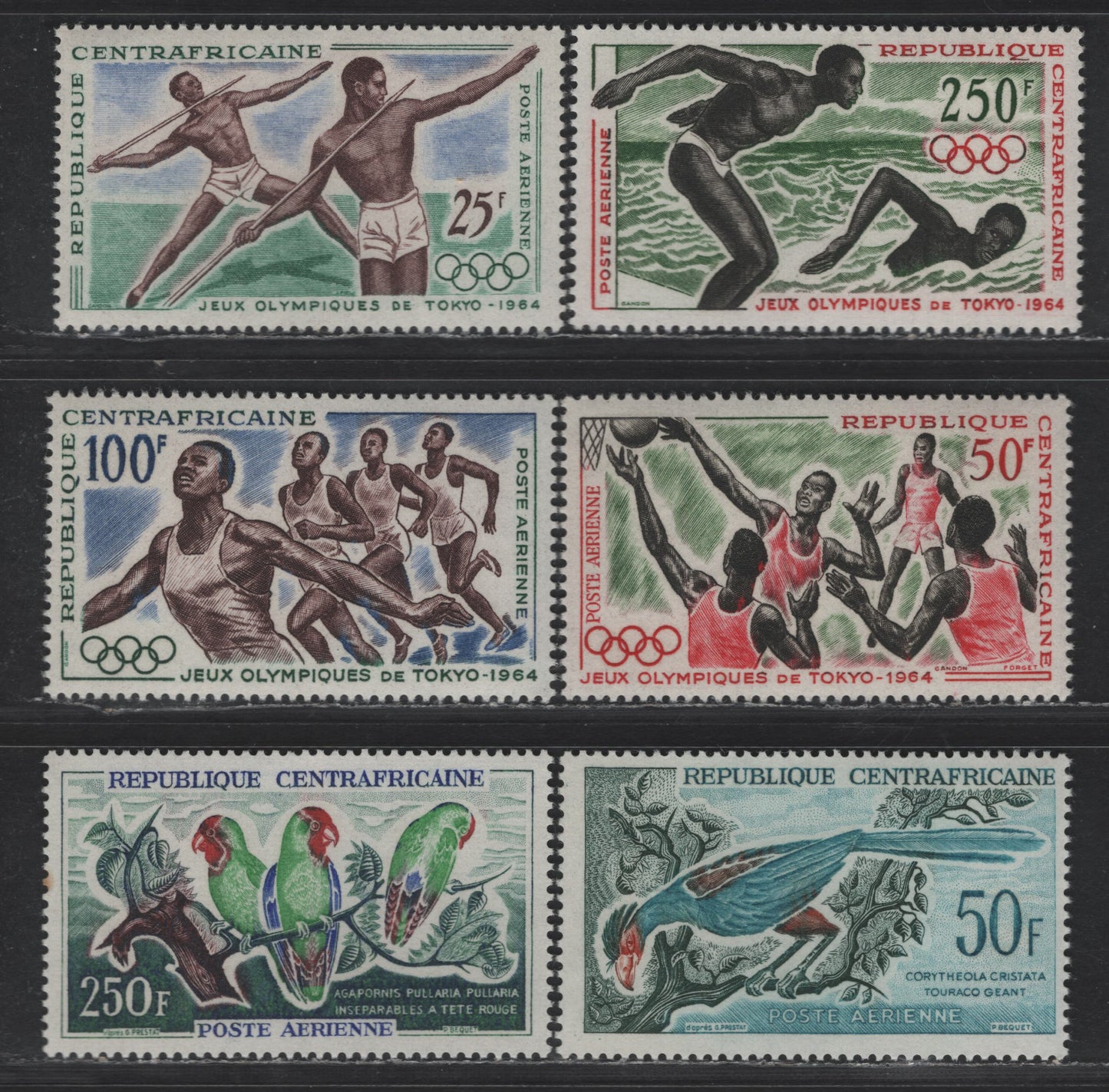 Lot 47 Central African Republic SC#C7-C8, C20-C23 50fr - 250fr Multicolored - Green, Black & Carmine Great Blue Touraco - Swimmers, 1962-1964 Birds & Tokyo Olympics Airmail Issues, 6 F/VFNH Singles, Small Tone Sport On 1 Perf of C8